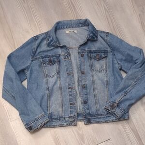 Refuge L Denim Blue Jean Jacket some Stains Button Up